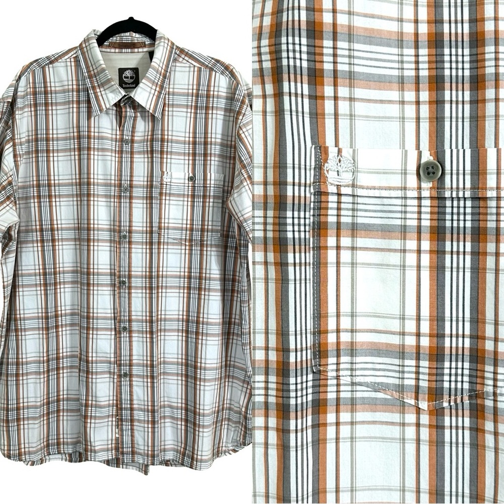 Timberland Orange Gray & White Plaid Long Sleeve Button Front Shirt Size XL
